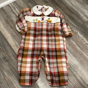 Smocked Silly Goose Fall Scarecrow Pumpkin Plaid Outfit 12 months